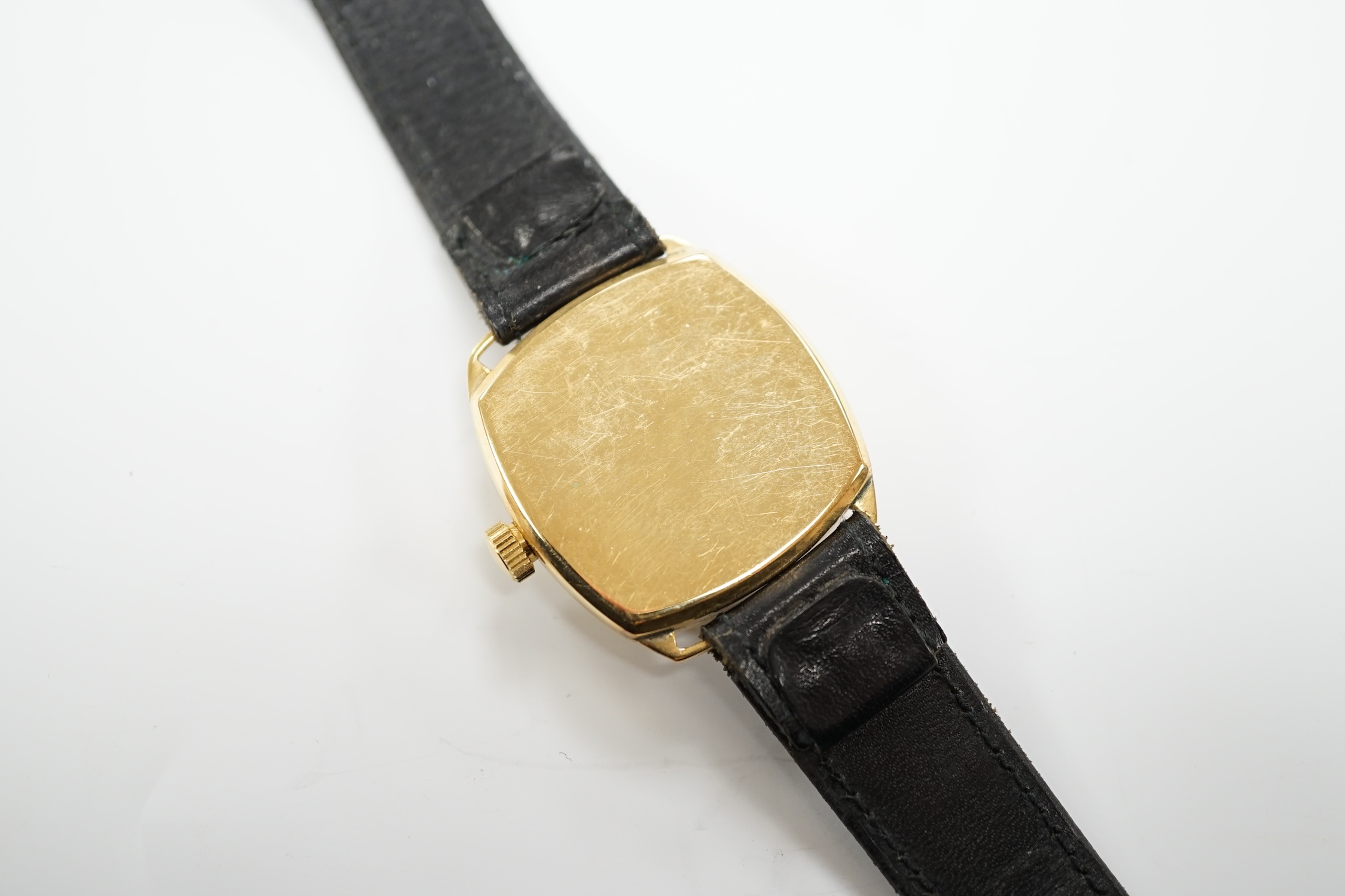 A gentleman's yellow metal J.W. Benson manual wrist watch, with Arabic dial and subsidiary seconds, on a black leather strap.